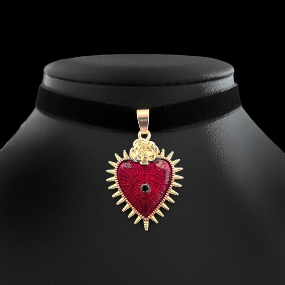 Velvet Red Gold Sacred Heart Choker